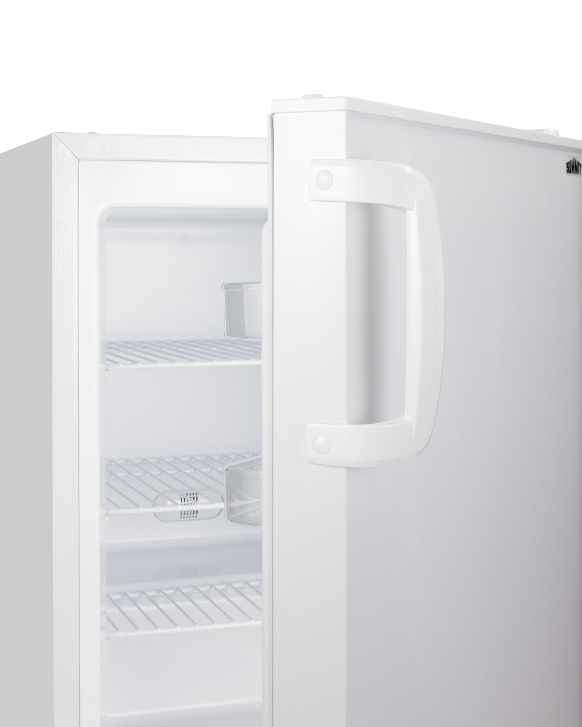 Built-in undercounter ADA compliant residential all-freezer in white with door storage and manual defrost operation
